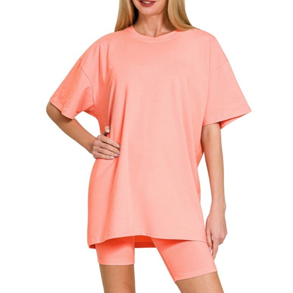 Oversized Coral Pink T-Shirt and Bike Short Set